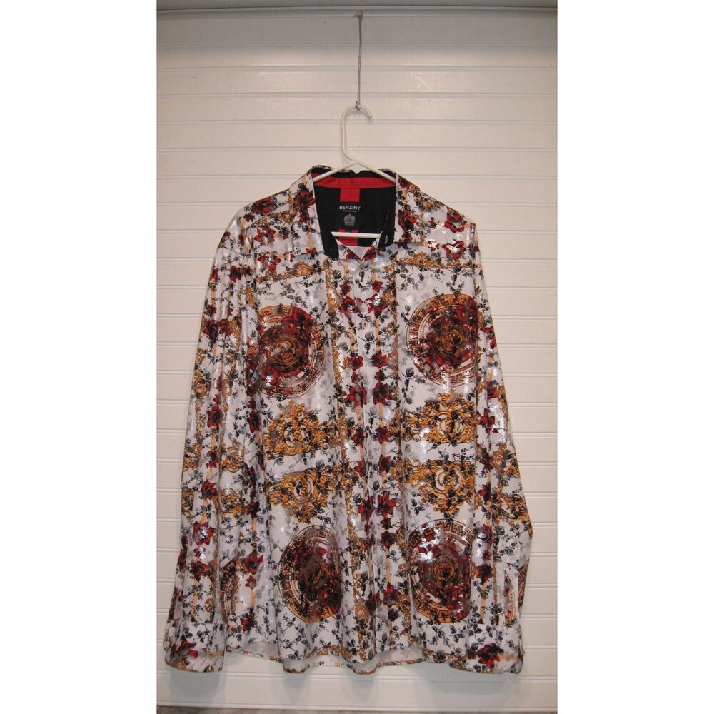 Benziny Mens Long Sleeve Button Dwn Shirt White/Gold/Red Baroque/Floral Size XXL